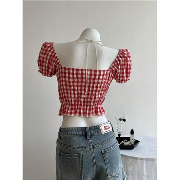 Y2k Plaid Puff Sleeve Crop Top Tie Front Ruffle Hem Going Out Party Blouse - Picture 2 of 6